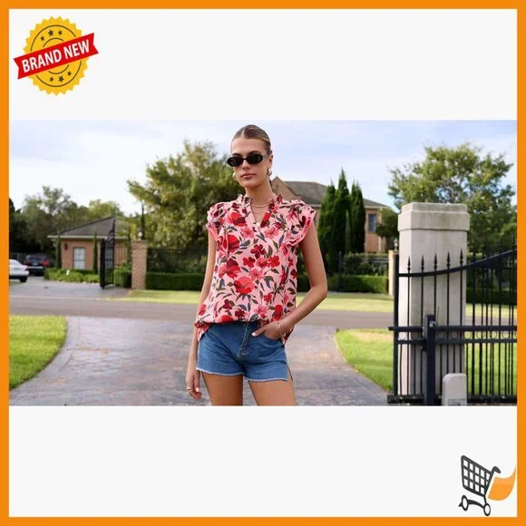 Lightweight Flowy Blouse V-Neck Cap Sleeve Ruffle Details Business Casual - Picture 7 of 7